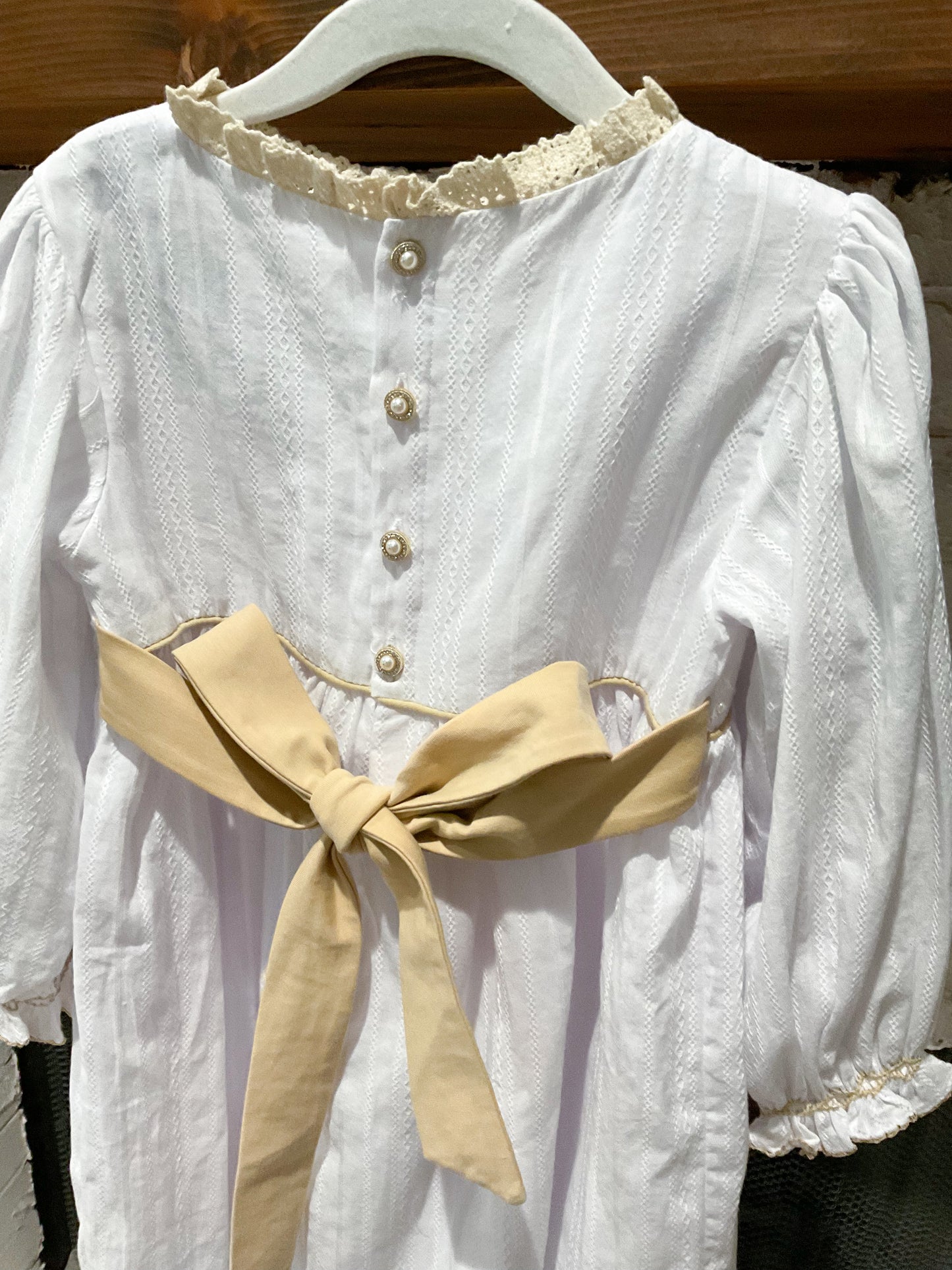 Girl’s Smocked Cross Linen Dress with Pearls