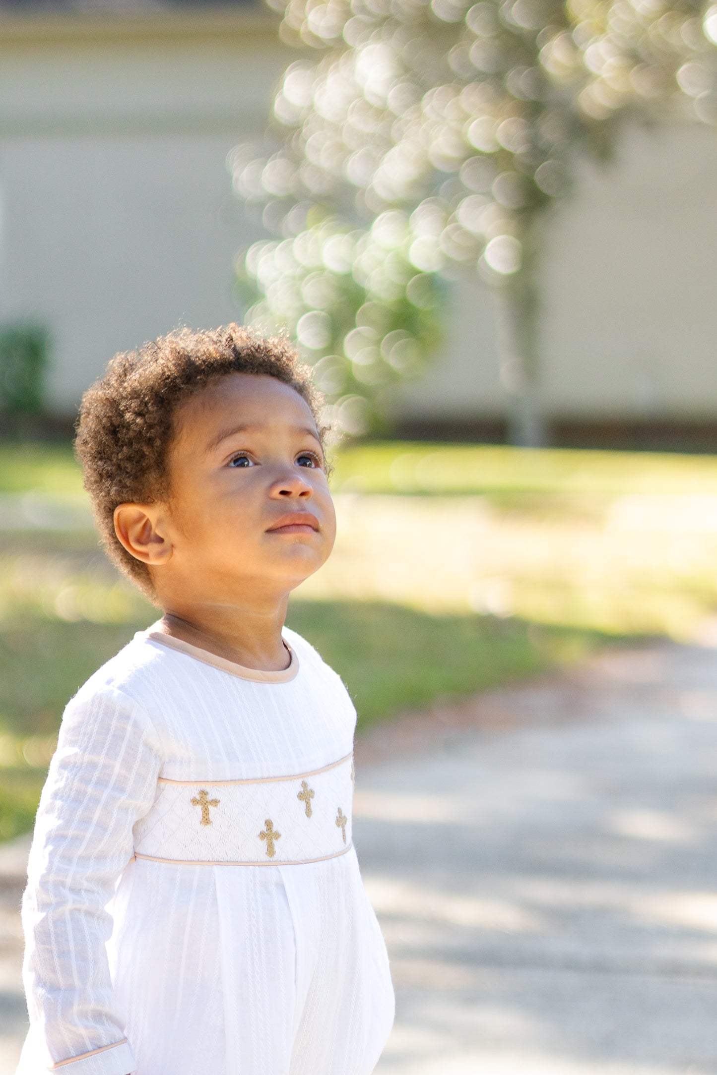 Boy’s Linen Smocked Cross Bubble (RTS will have white linen collar with khaki trim)
