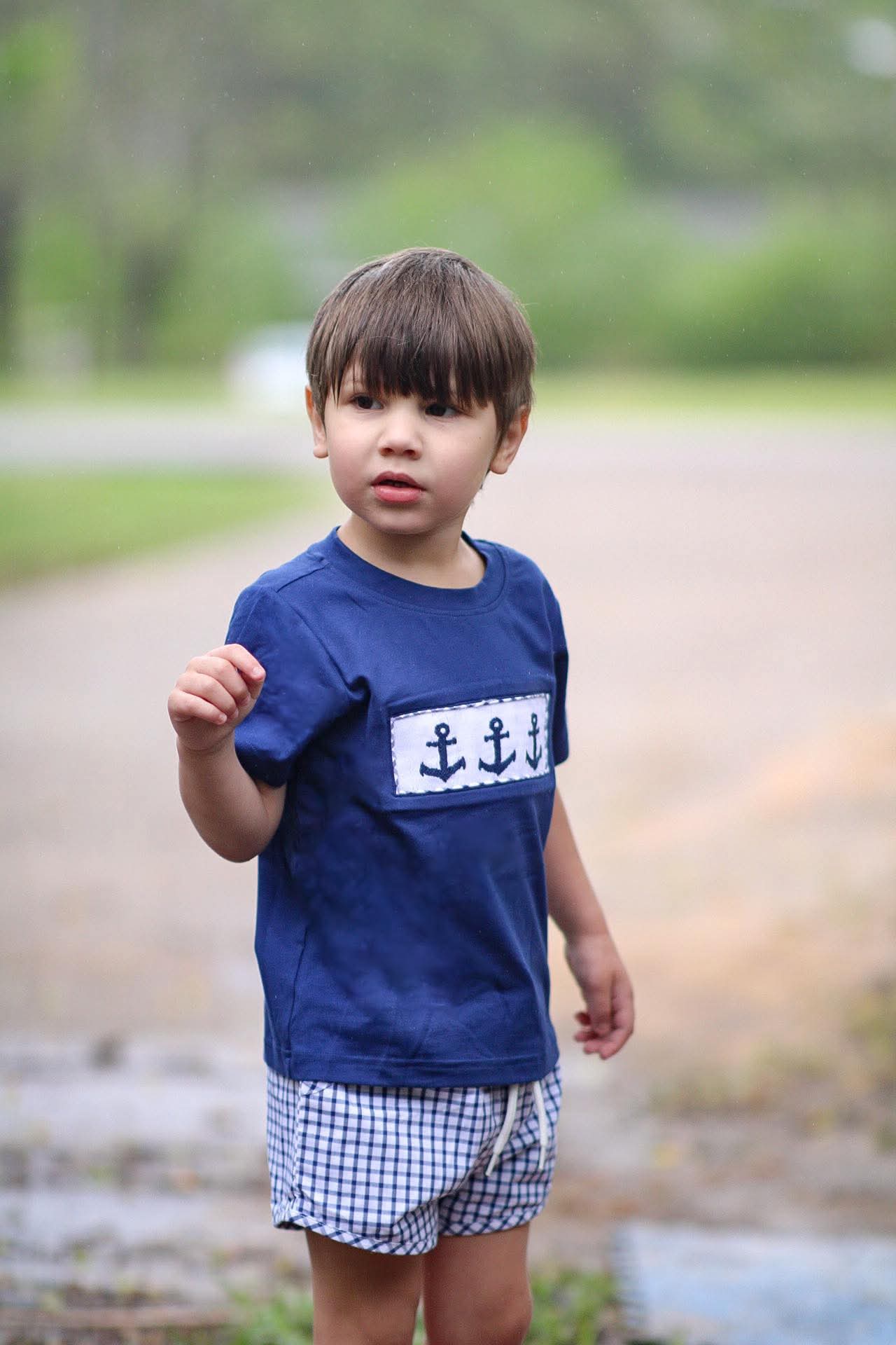 Navy Smocked Anchor Boy Short Set