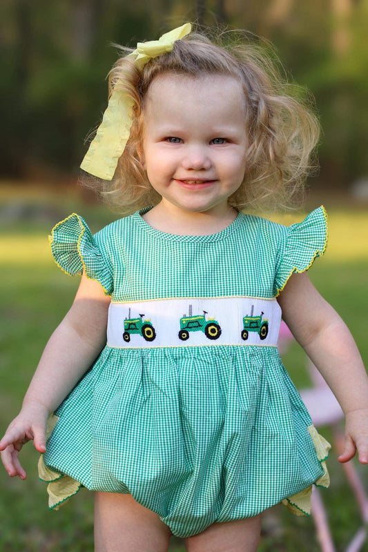 Girl’s Smocked Tractor Bubble