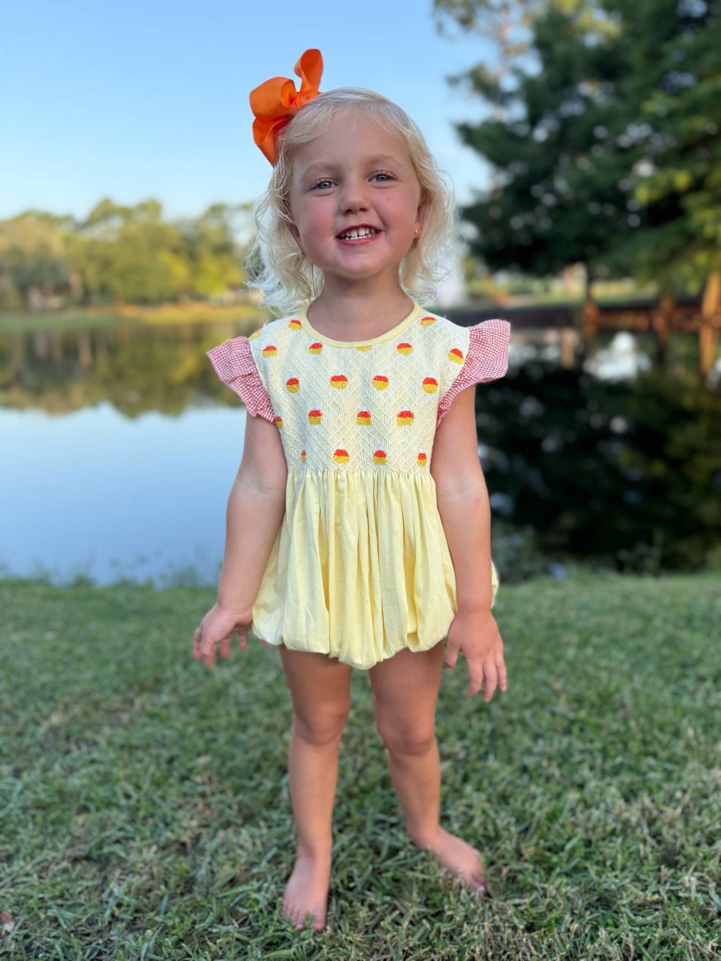 Girls Candy Corn Smocked Bubble