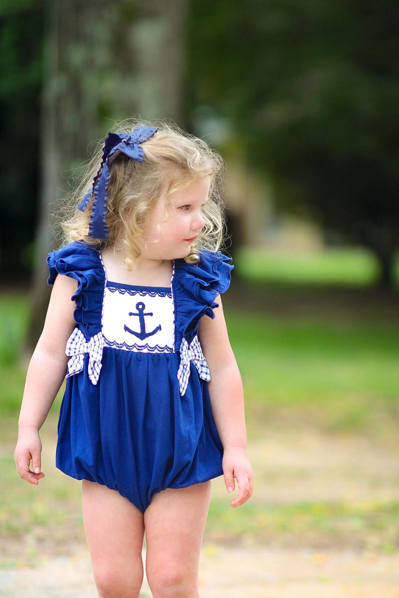Navy Smocked Anchor Girl Bubble 9M