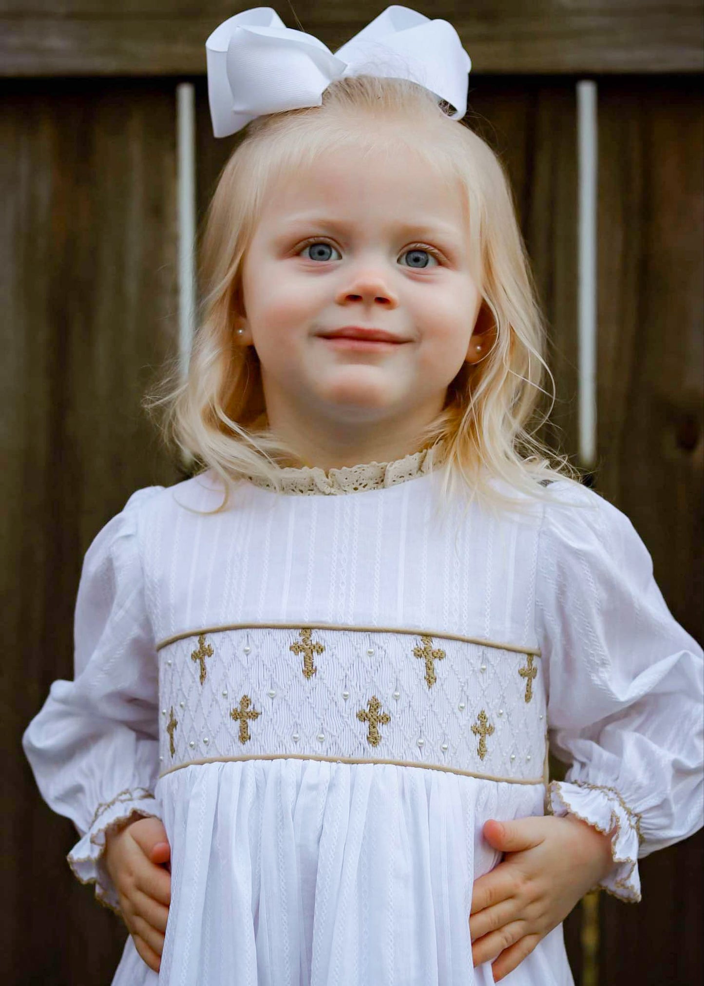 Girl’s Smocked Cross Linen Dress with Pearls