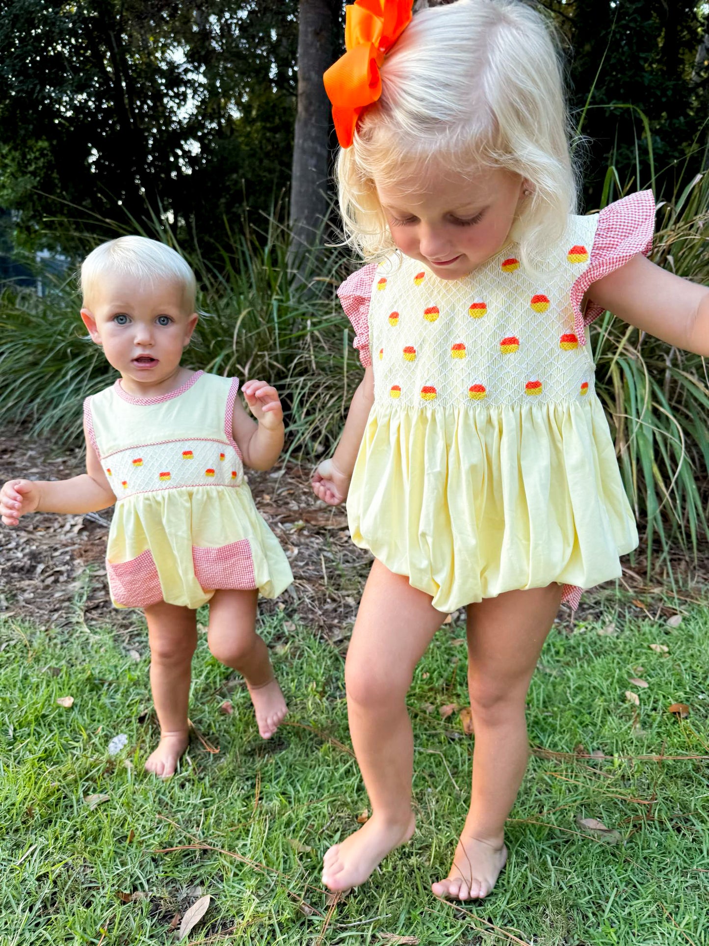 Girls Candy Corn Smocked Bubble