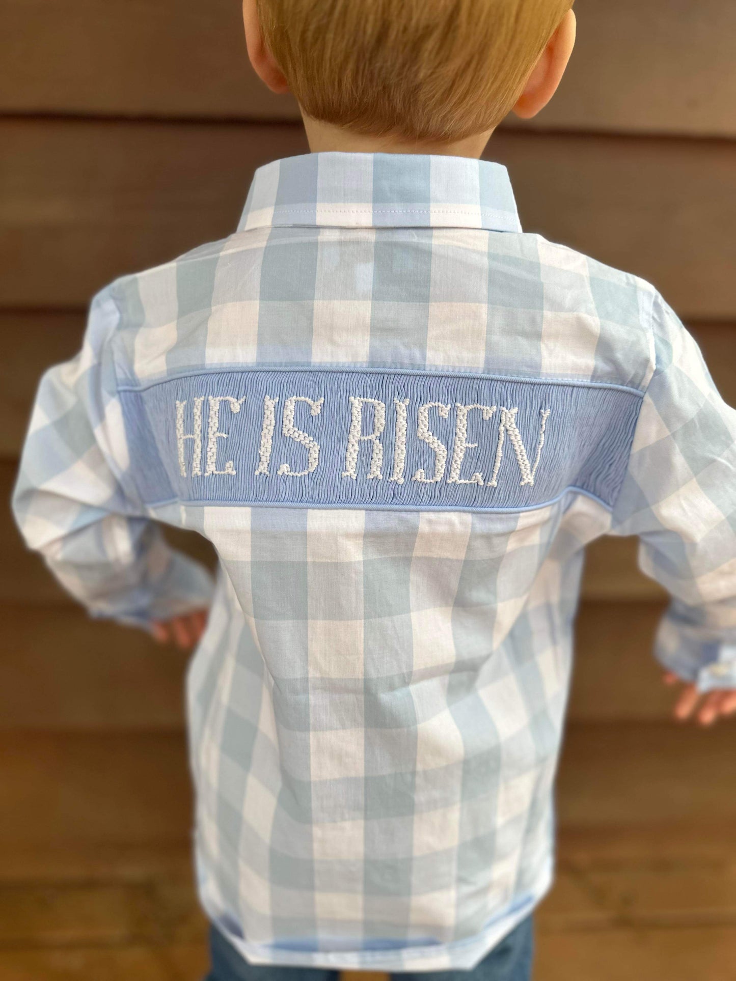 Boy’s Smocked He Is Risen Button Up