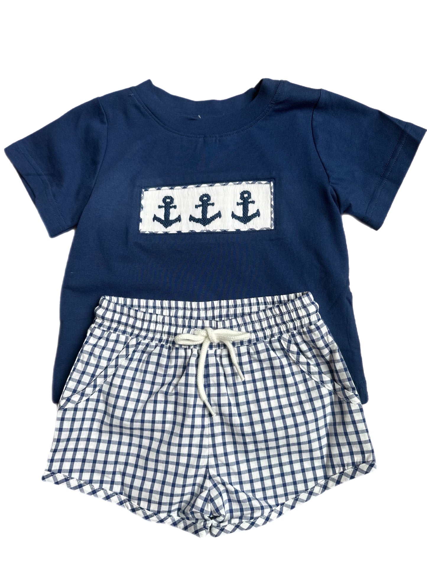 Navy Smocked Anchor Boy Short Set