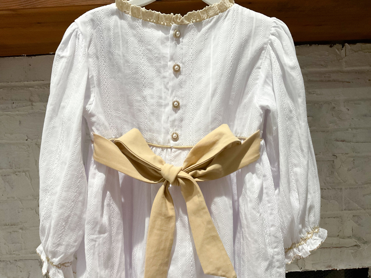 Girl’s Smocked Cross Linen Dress with Pearls