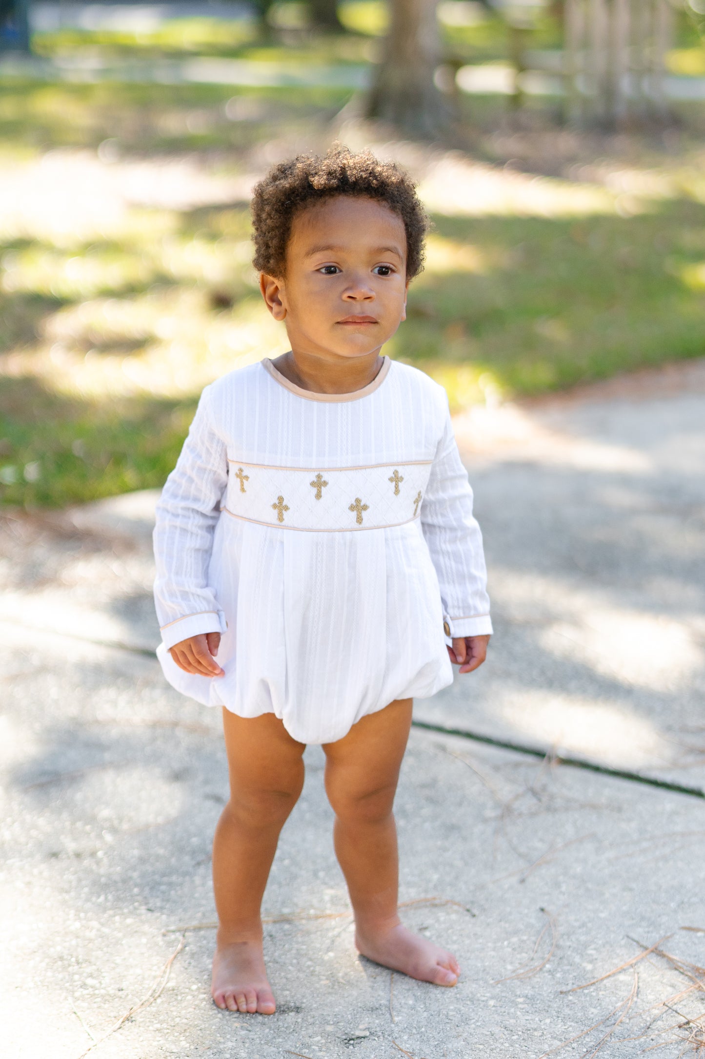 Boy’s Linen Smocked Cross Bubble (RTS will have white linen collar with khaki trim)