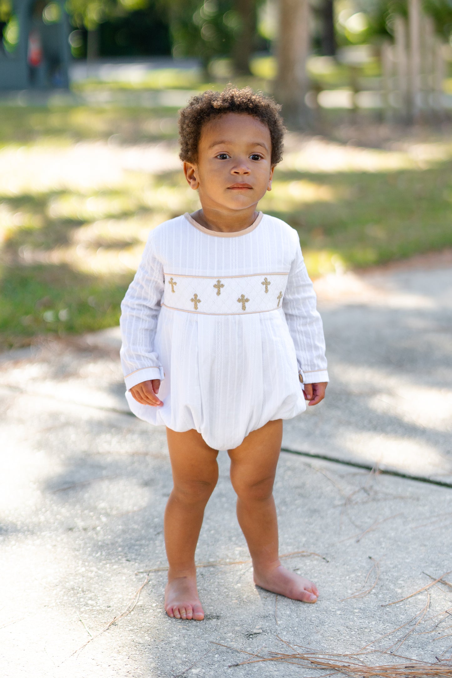 Boy’s Linen Smocked Cross Bubble (RTS will have white linen collar with khaki trim)