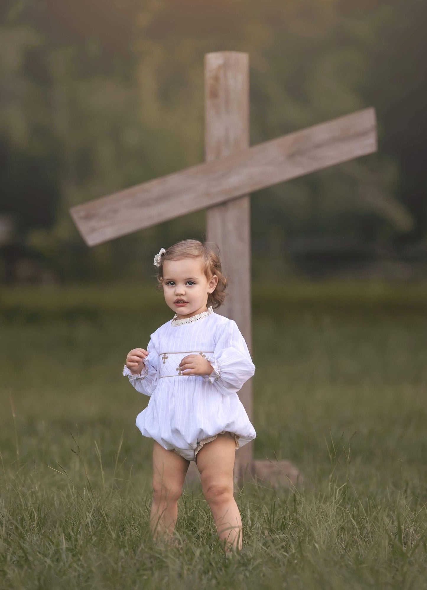 Girl’s Smocked Cross Linen Bubble with Pearls