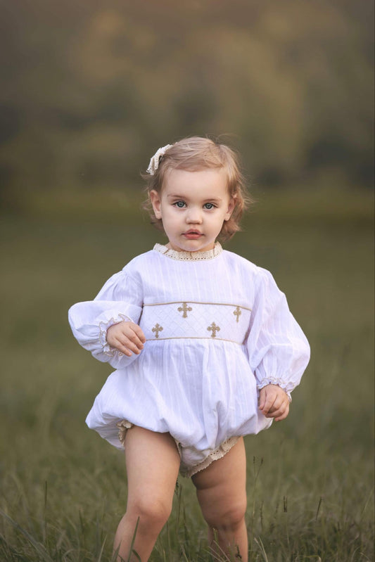 Girl’s Smocked Cross Linen Bubble with Pearls