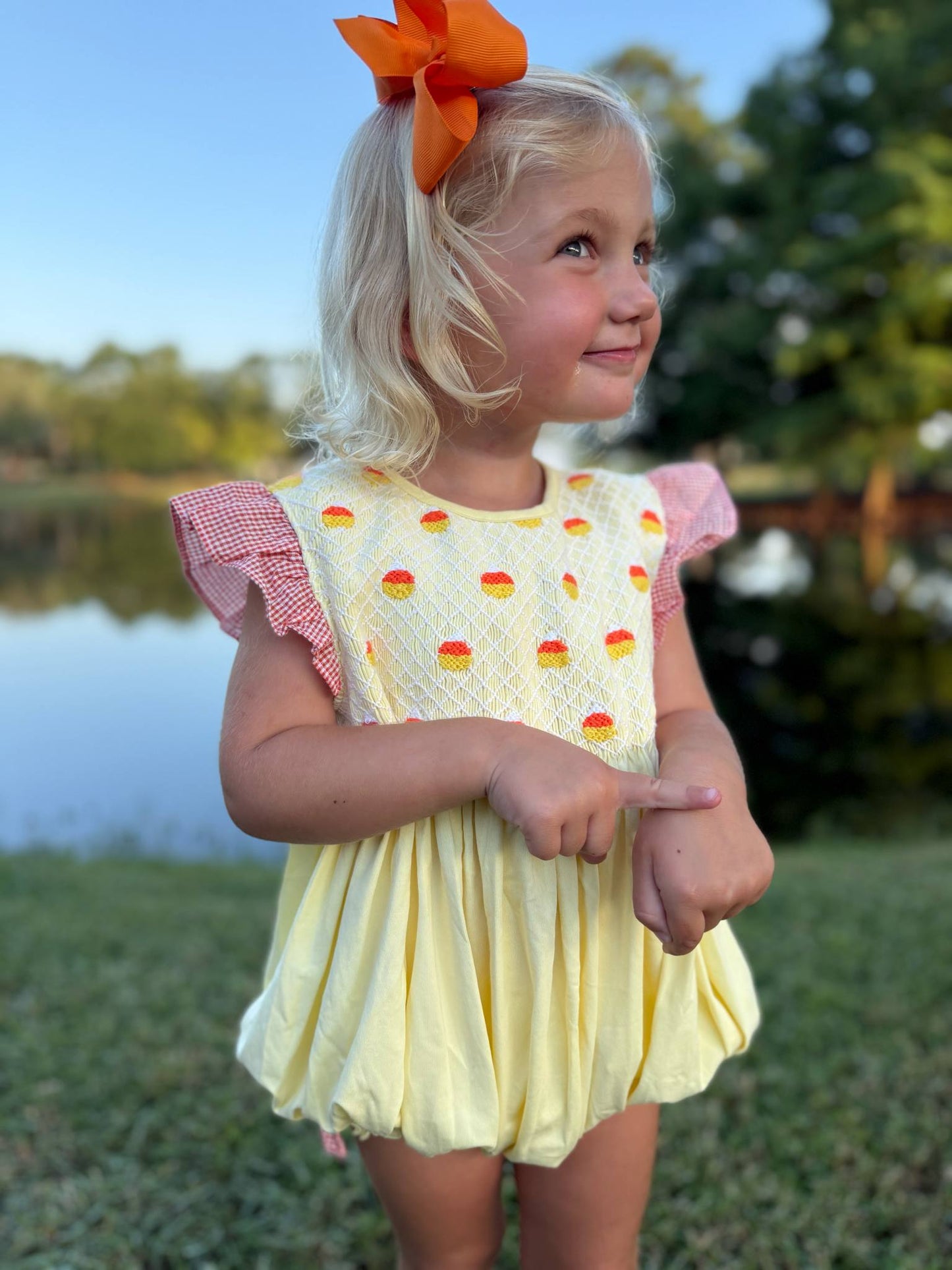 Girls Candy Corn Smocked Bubble