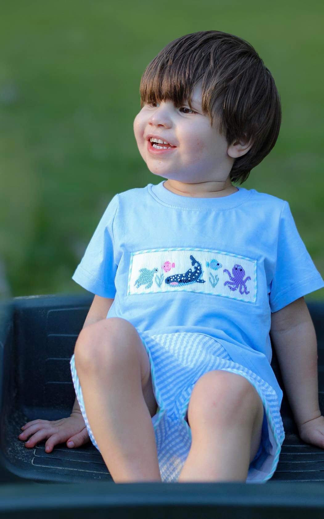 hand smocked aquarium outfit for boys