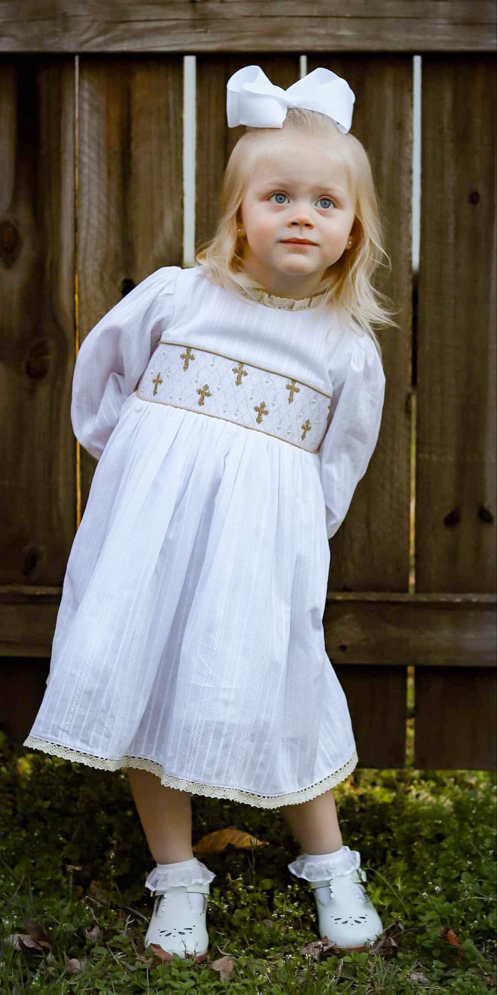 Girl’s Smocked Cross Linen Dress with Pearls