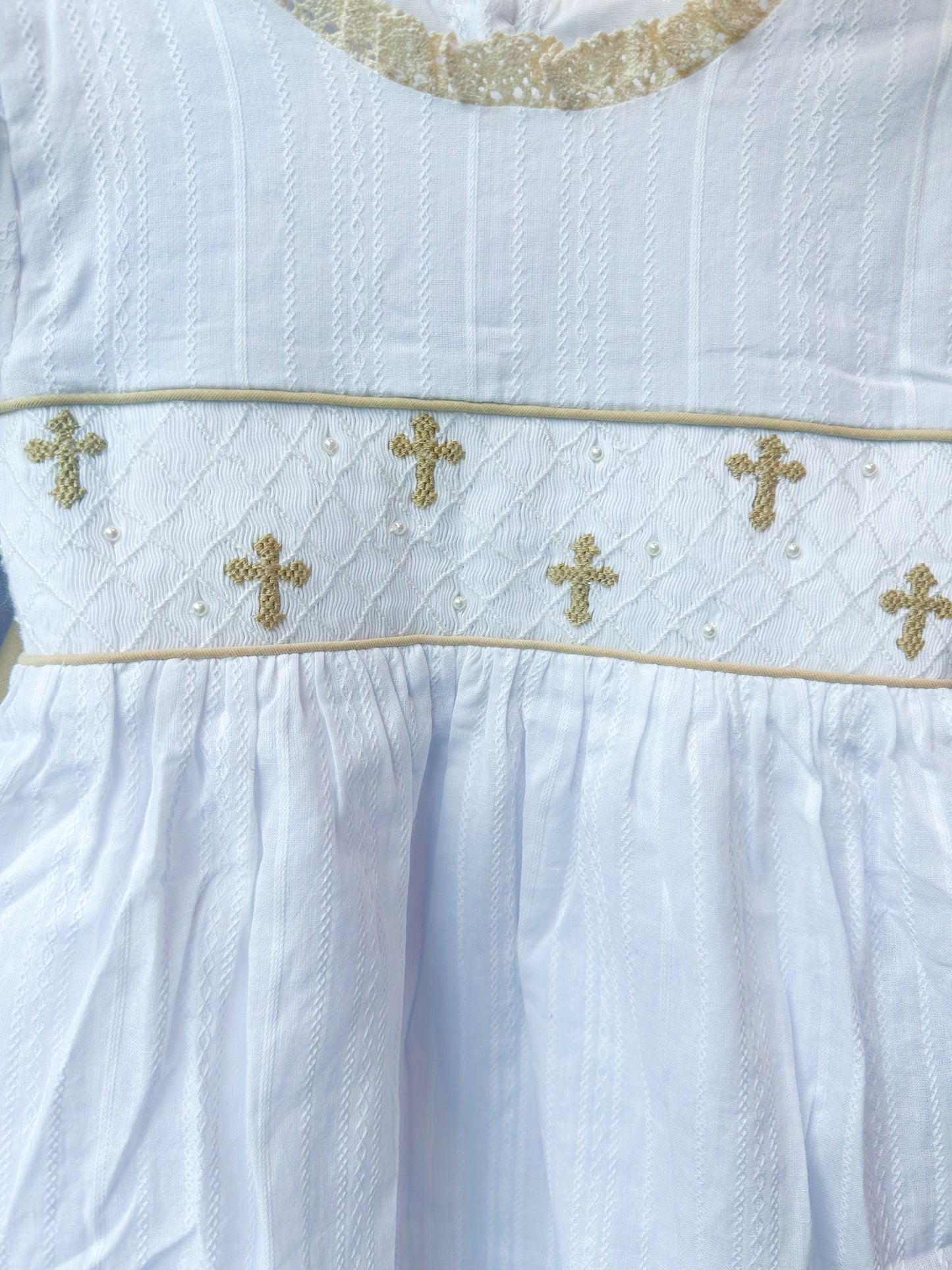 Girl’s Smocked Cross Linen Bubble with Pearls