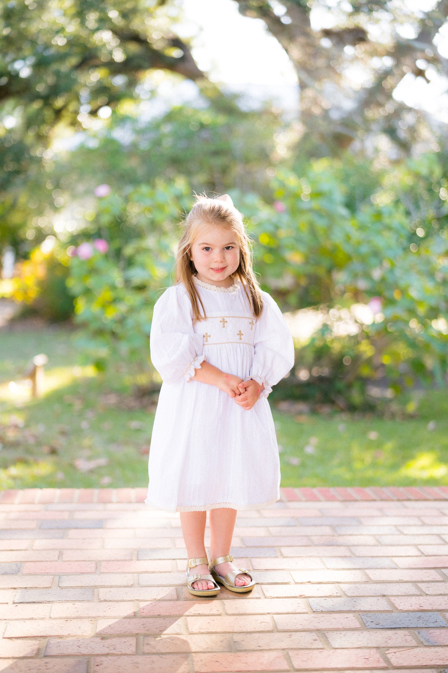 Girl’s Smocked Cross Linen Dress with Pearls