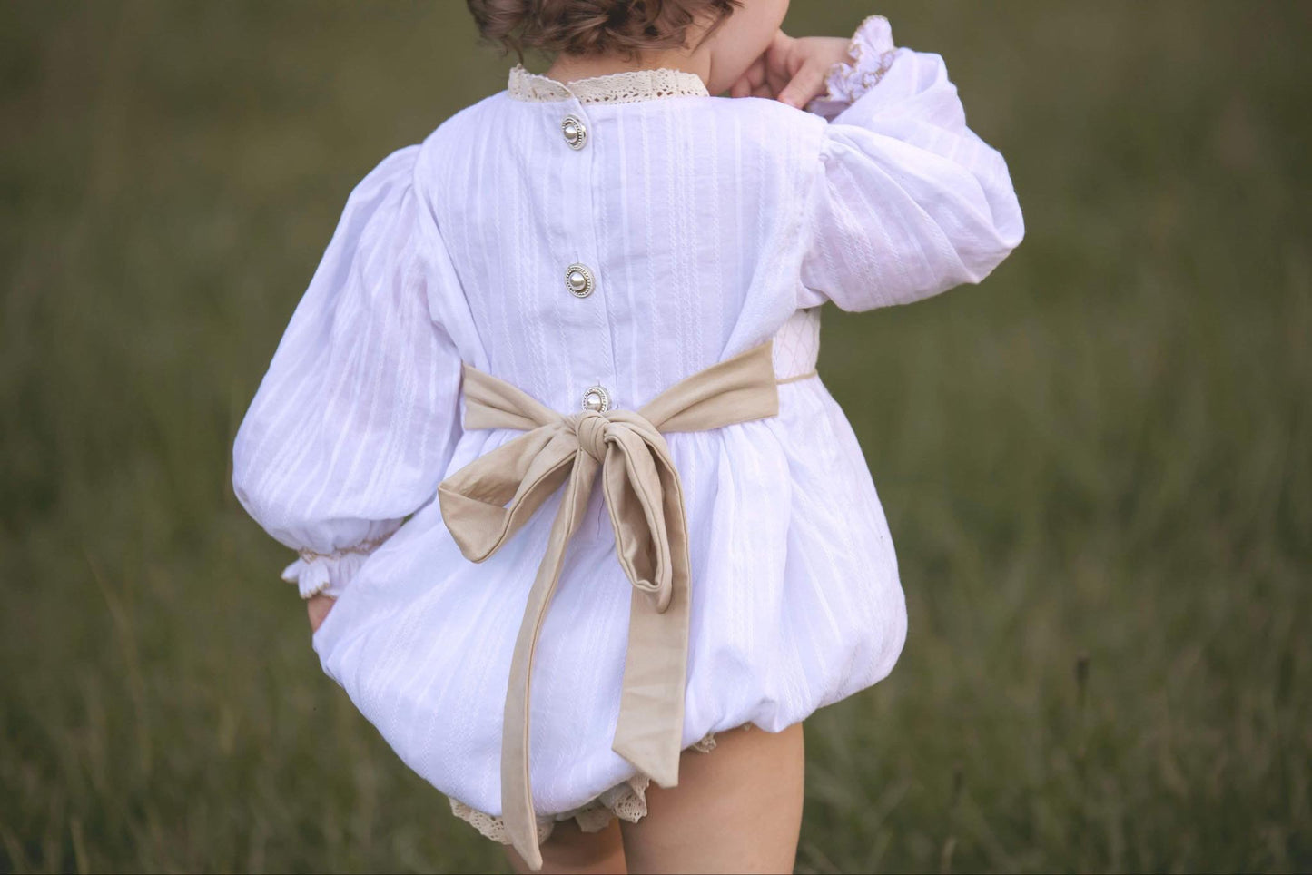 Girl’s Smocked Cross Linen Bubble with Pearls