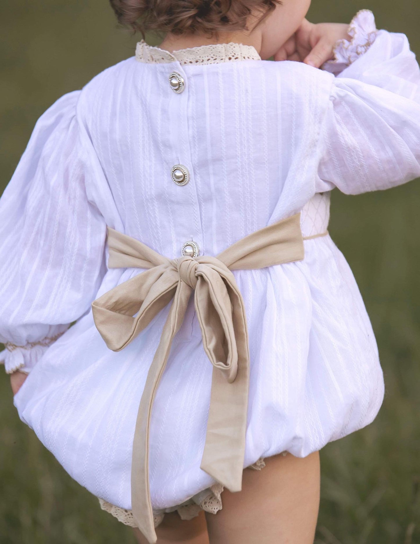 Girl’s Smocked Cross Linen Bubble with Pearls