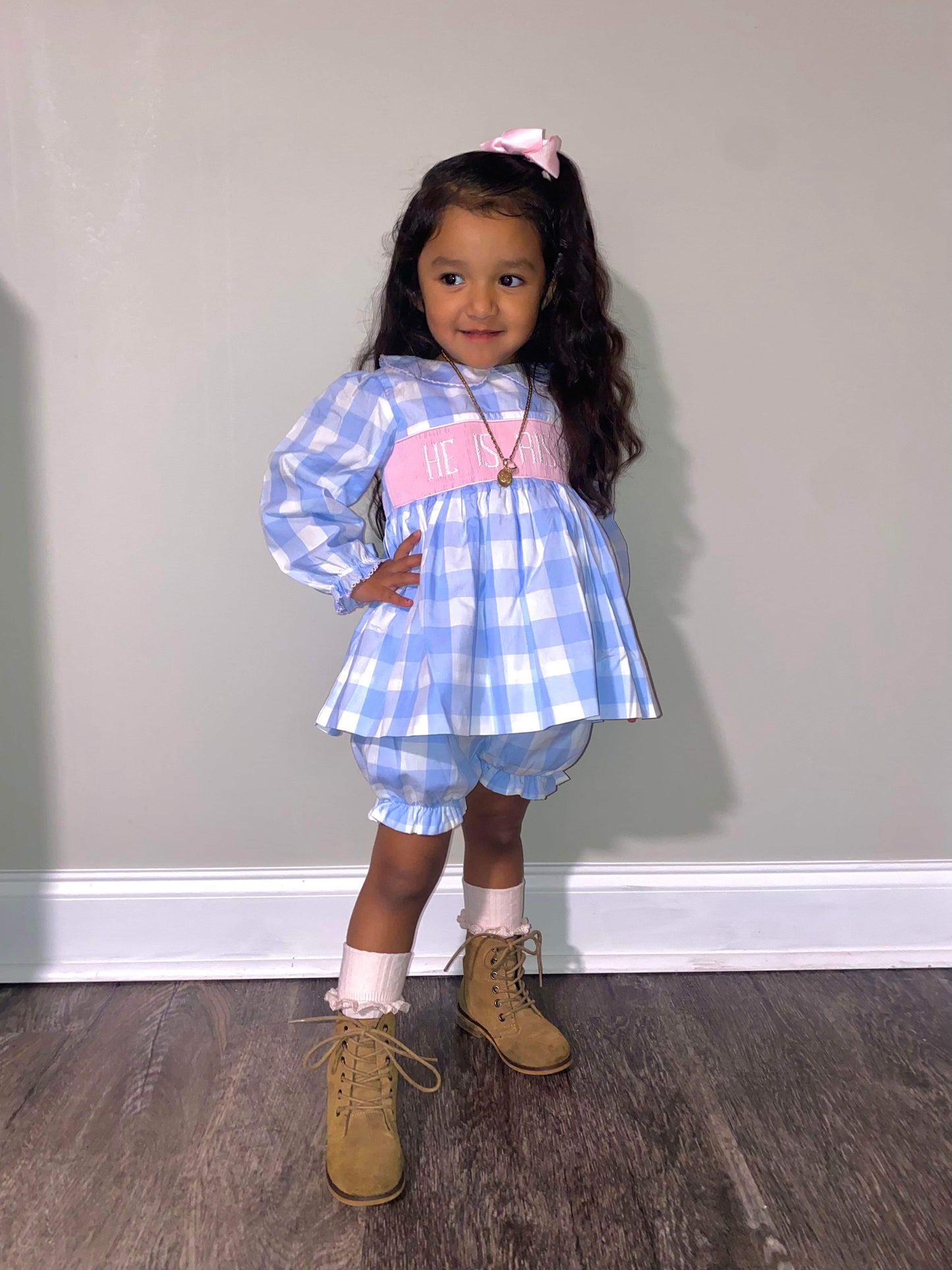 Girl’s Smocked He Is Risen Bubble Short Set