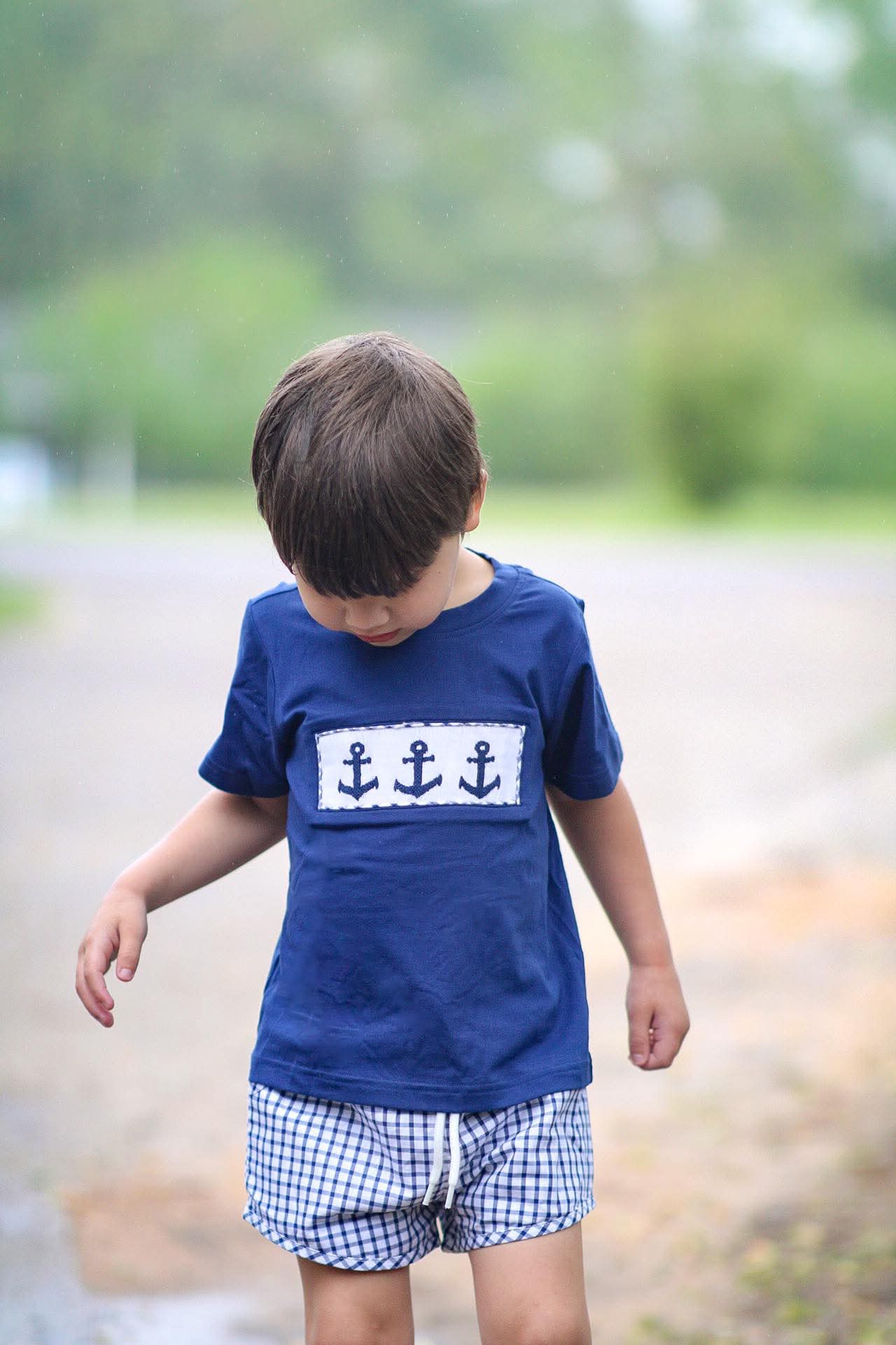 Navy Smocked Anchor Boy Short Set