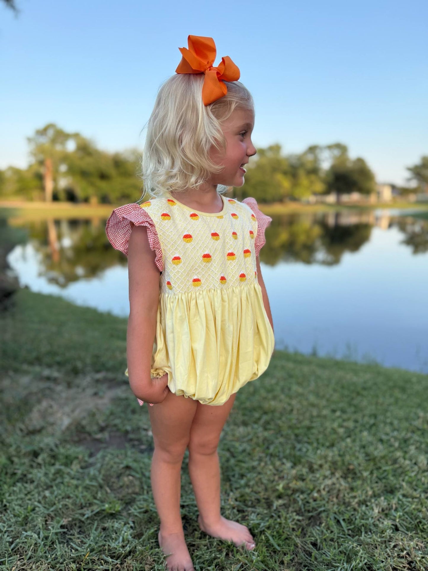 Girls Candy Corn Smocked Bubble