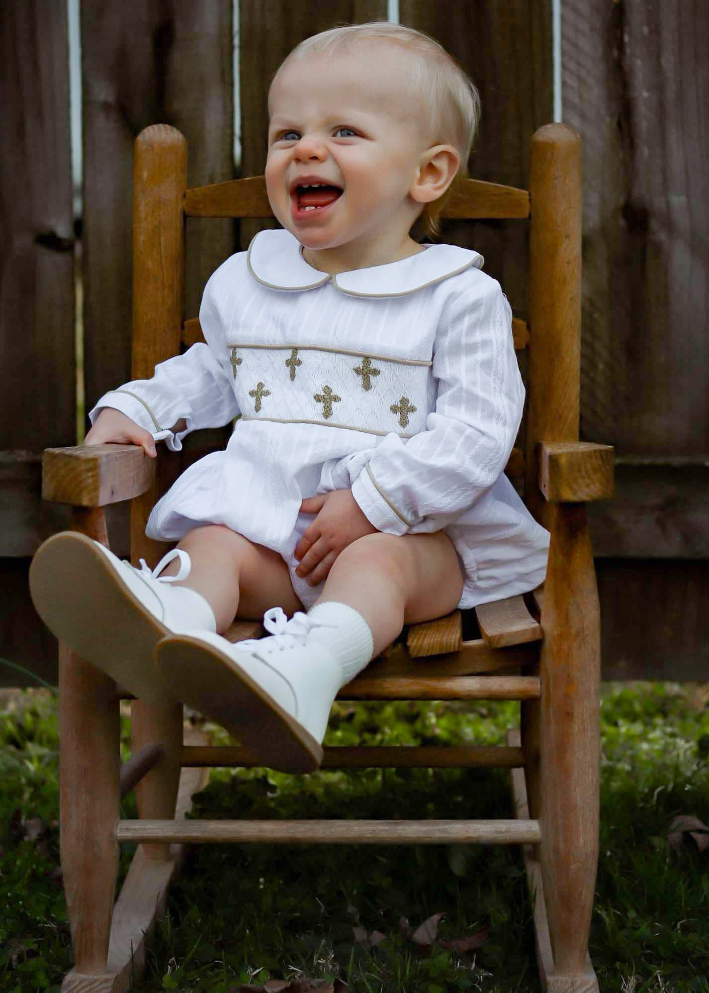 Boy’s Linen Smocked Cross Bubble (RTS will have white linen collar with khaki trim)
