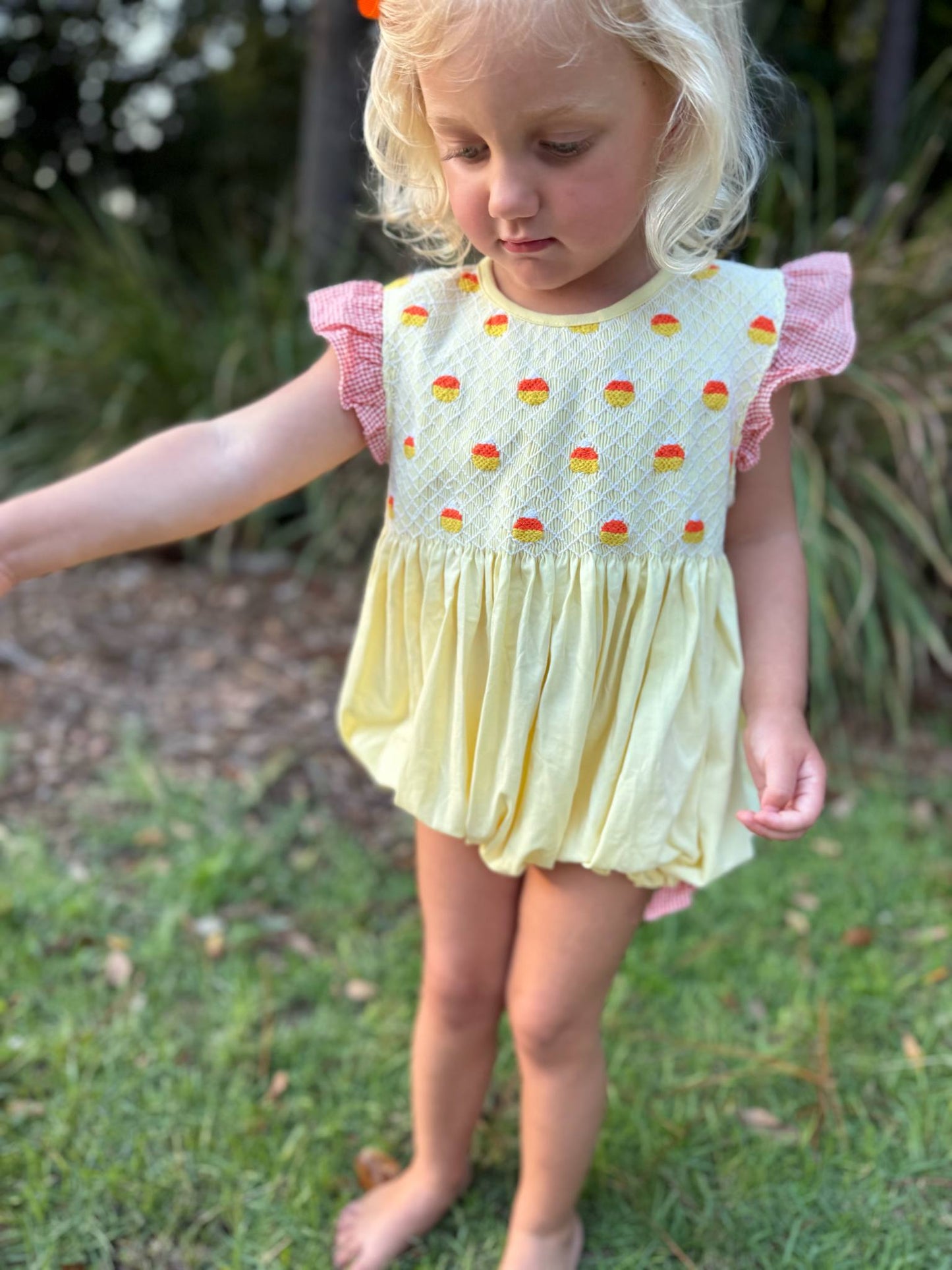 Girls Candy Corn Smocked Bubble