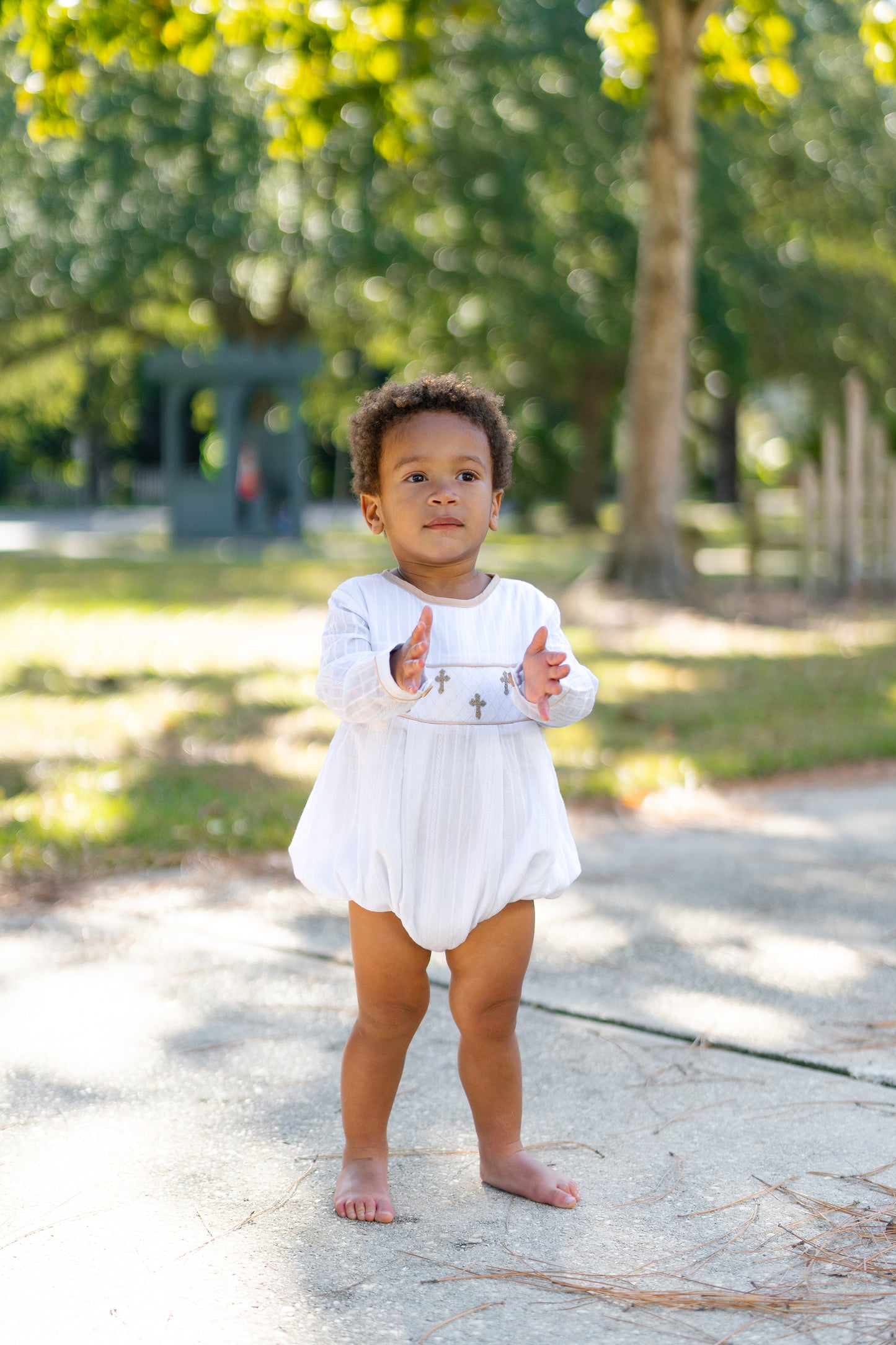 Boy’s Linen Smocked Cross Bubble (RTS will have white linen collar with khaki trim)