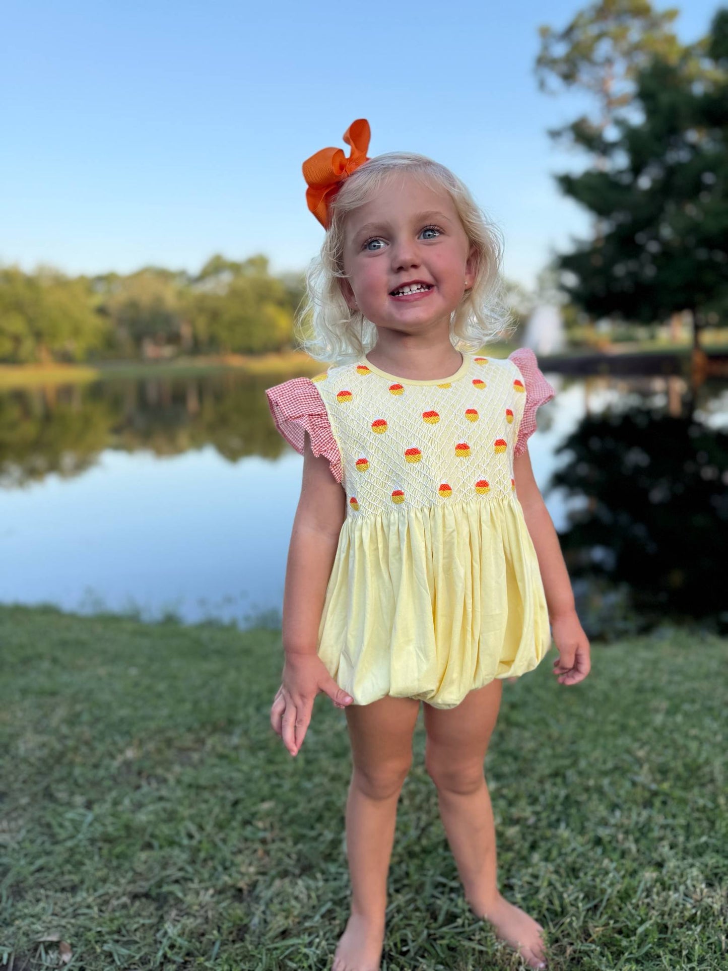 Girls Candy Corn Smocked Bubble