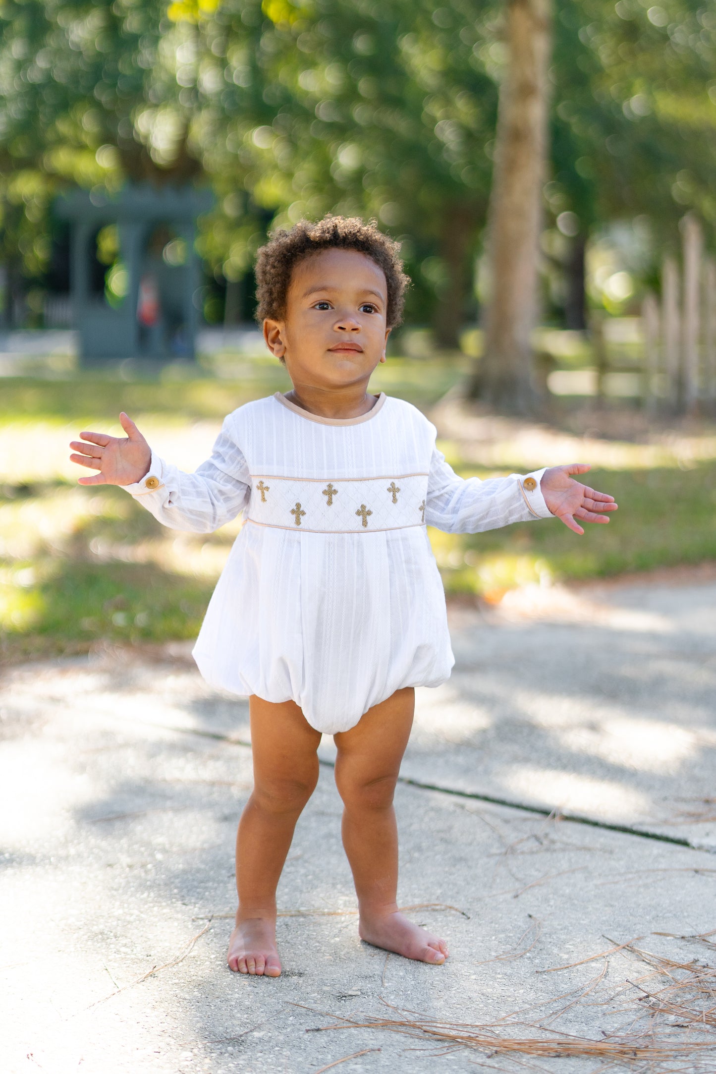 Boy’s Linen Smocked Cross Bubble (RTS will have white linen collar with khaki trim)