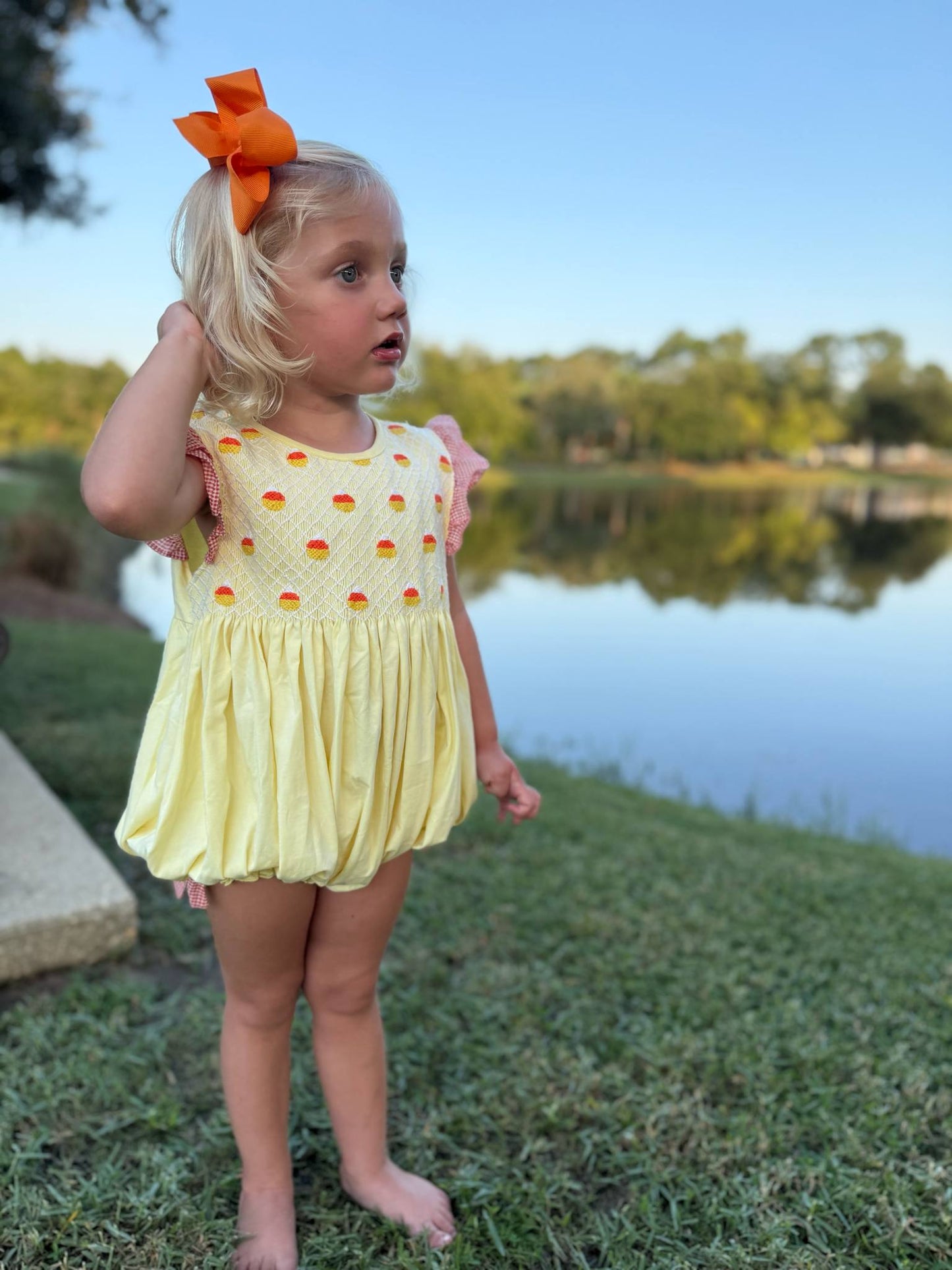 Girls Candy Corn Smocked Bubble
