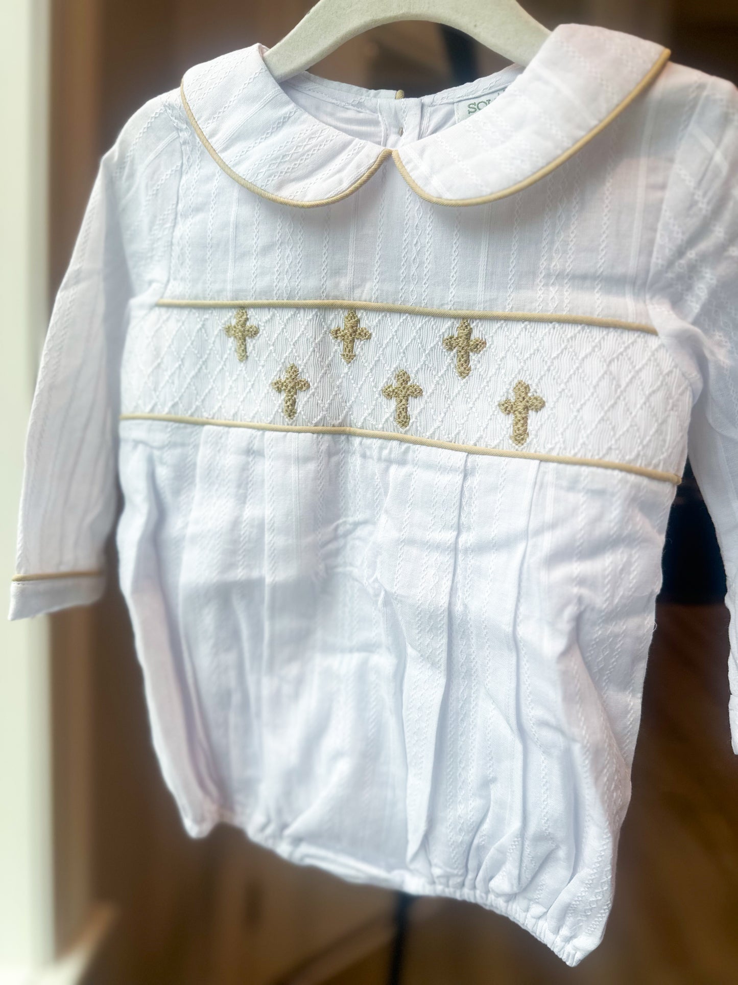 Boy’s Linen Smocked Cross Bubble (RTS will have white linen collar with khaki trim)