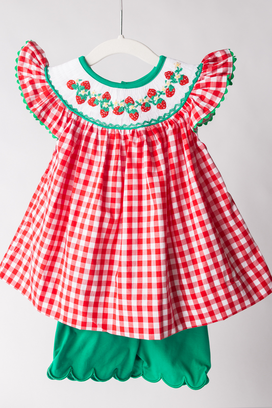 Smocked Strawberries Girl Short Set