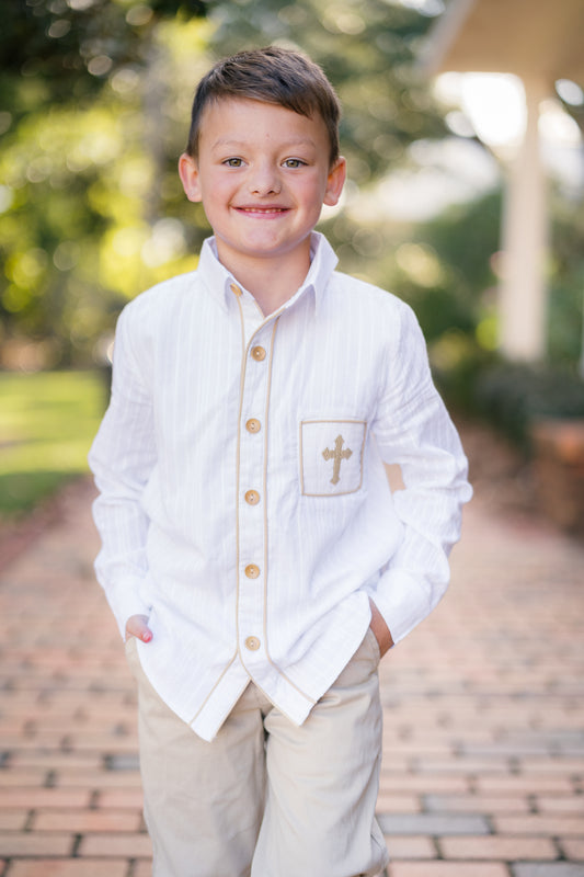 Boy’s Smocked Cross Linen Button Up- Shirt Only