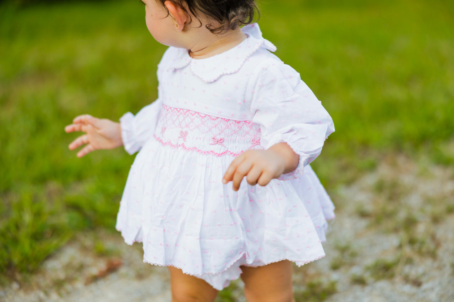 Smocked Pink Bow Bloomer Set- Long Sleeve