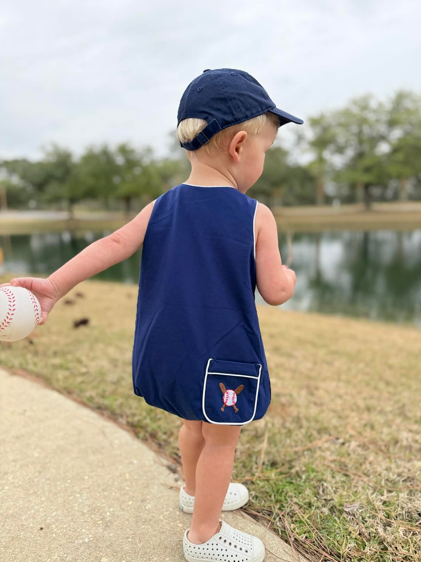 Boys Navy Smocked Baseball Bubble