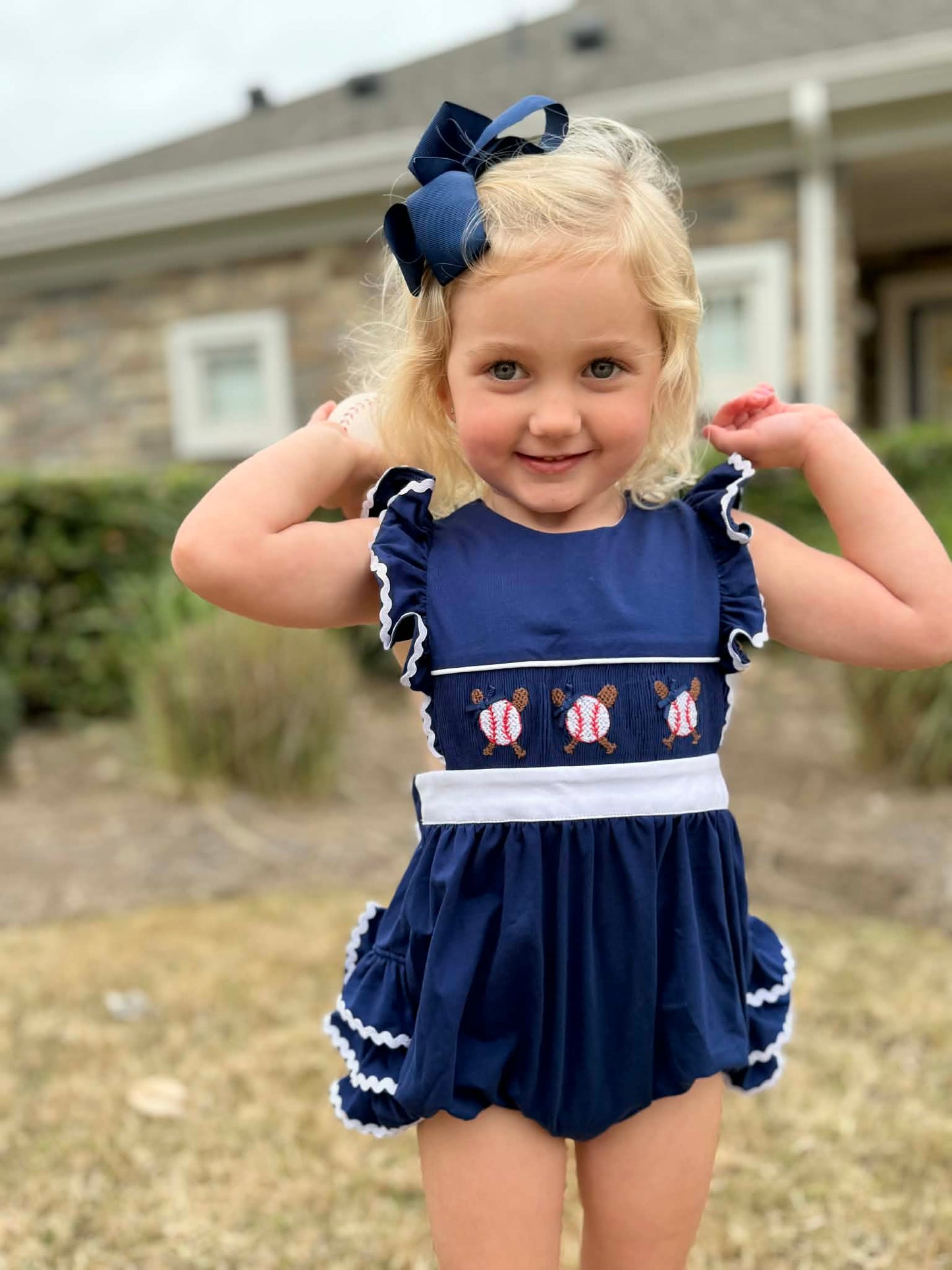 Girl’s Navy Smocked Baseball Bubble