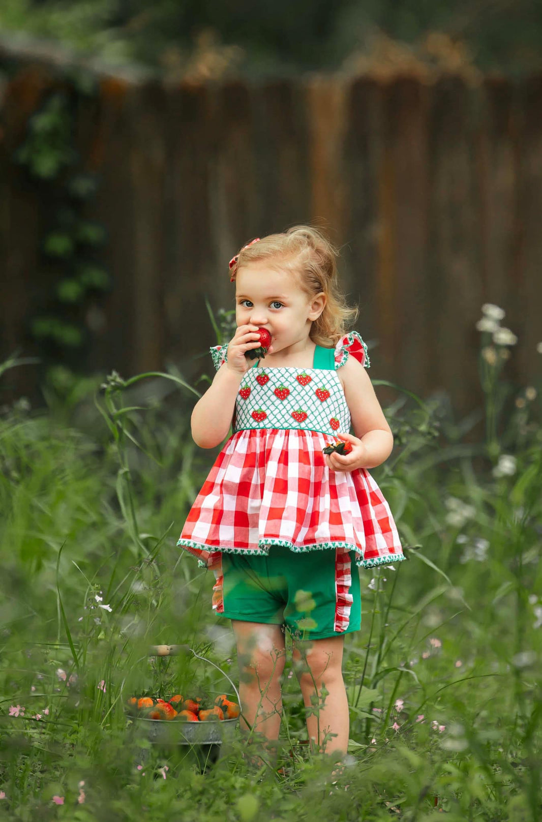 Girls' Plaid Smocked Strawberry Applique Shorts Set main image 0