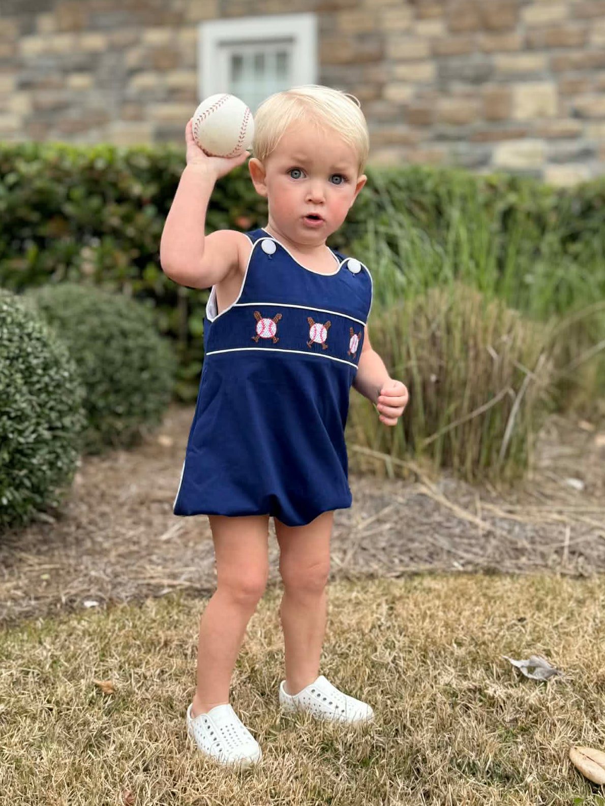 Boys Navy Smocked Baseball Bubble