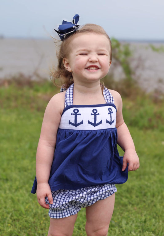Navy Smocked Anchor Girl Diaper Set