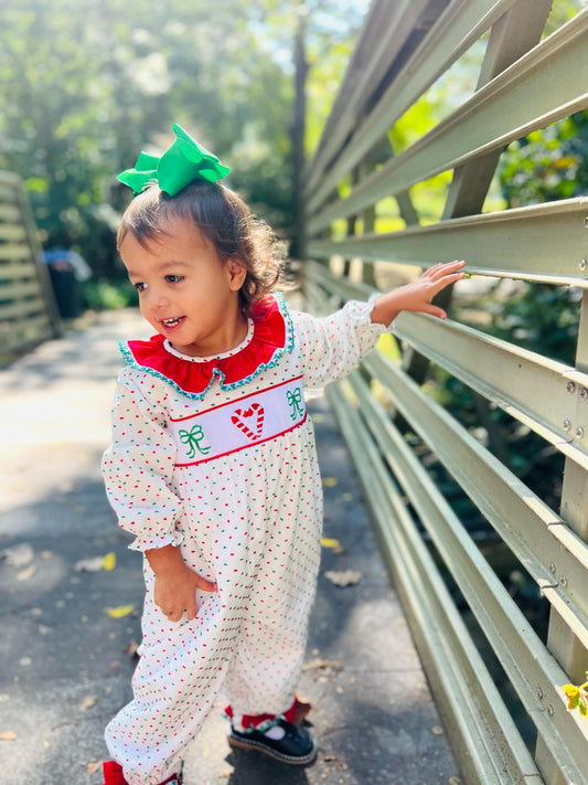 Girl’s Smocked Candy Cane Romper