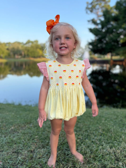 Girls Candy Corn Smocked Bubble