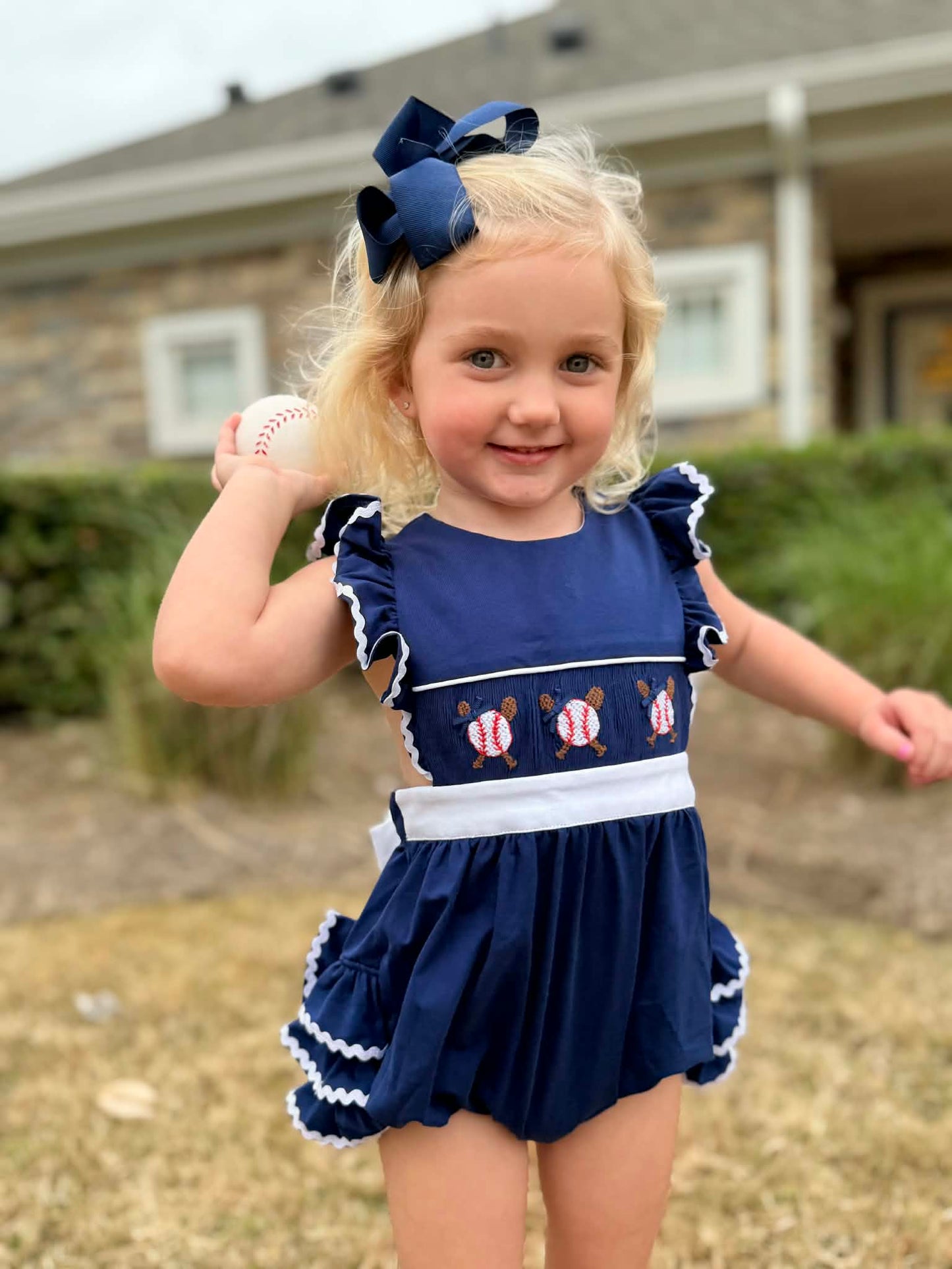 Girl’s Navy Smocked Baseball Bubble