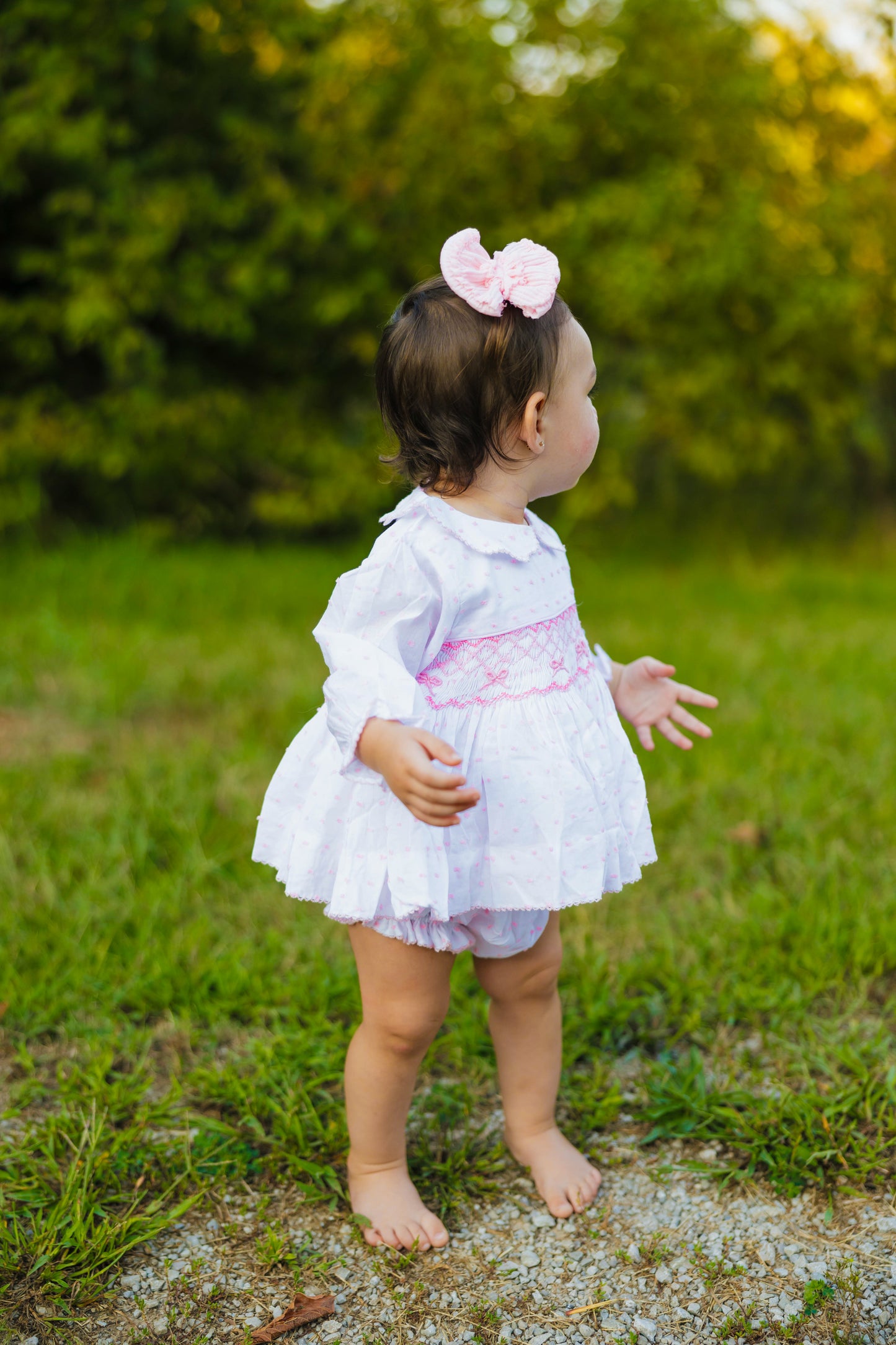 Smocked Pink Bow Bloomer Set- Long Sleeve