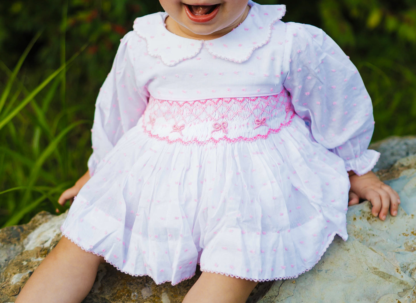 Smocked Pink Bow Bloomer Set- Long Sleeve