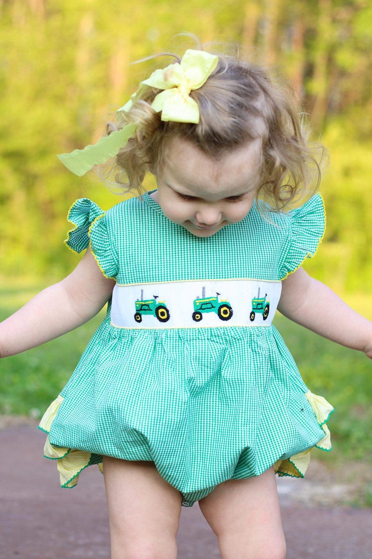 Girl’s Smocked Tractor Bubble