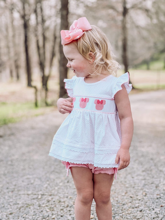 Girl’s Smocked Mouse Diaper Set