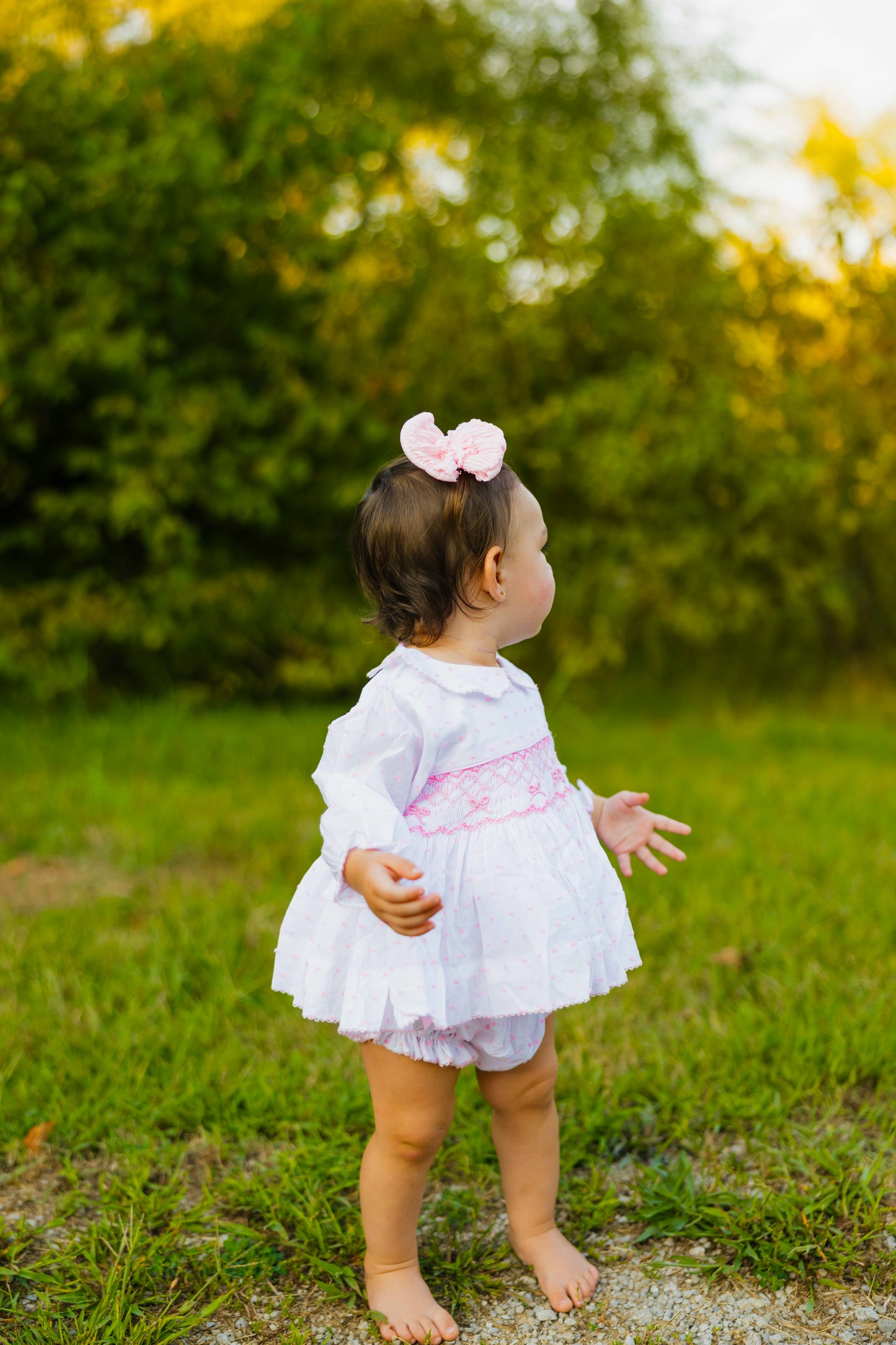 Smocked Pink Bow Bloomer Set- Long Sleeve
