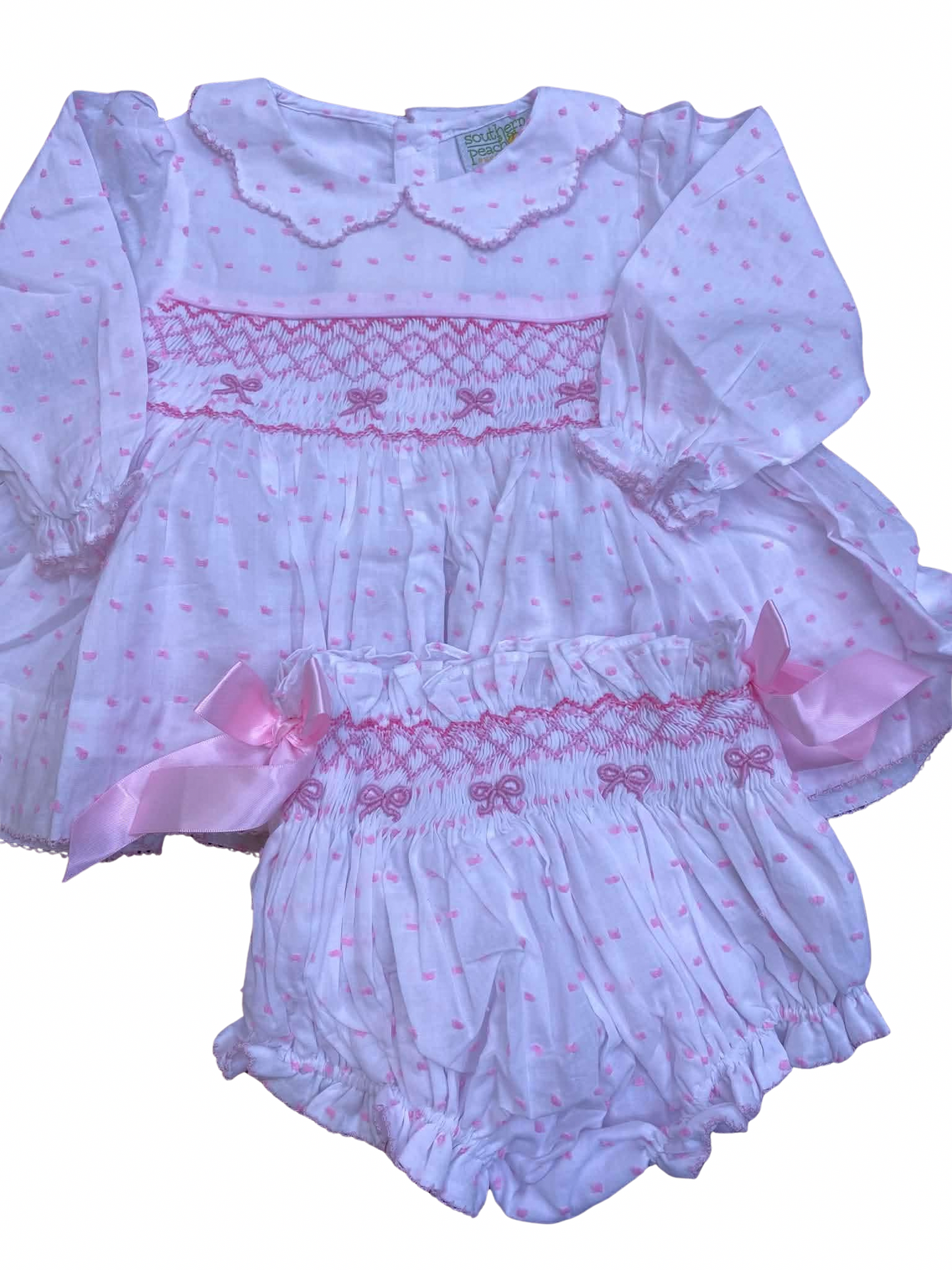 Smocked Pink Bow Bloomer Set- Long Sleeve