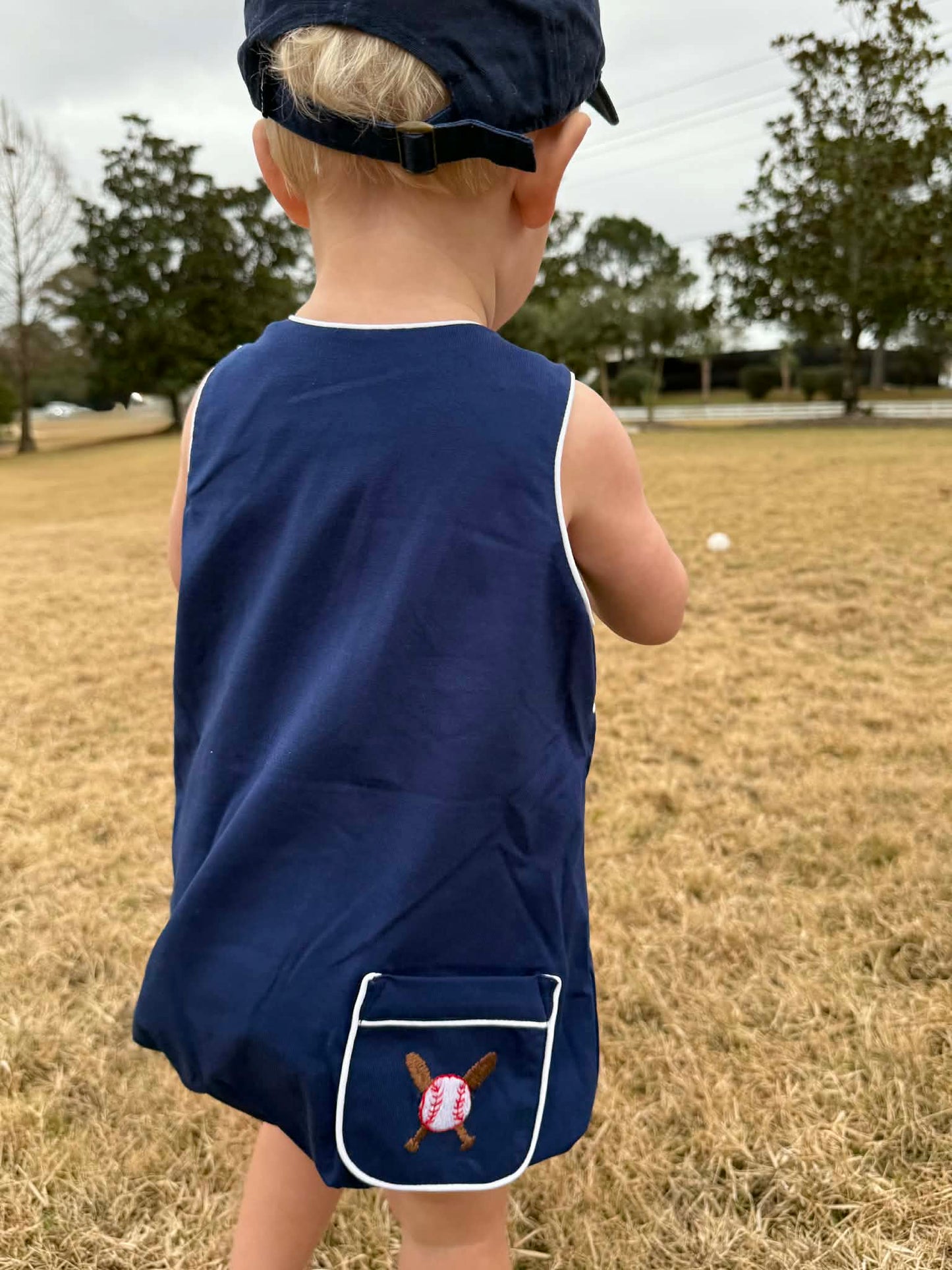 Boys Navy Smocked Baseball Bubble